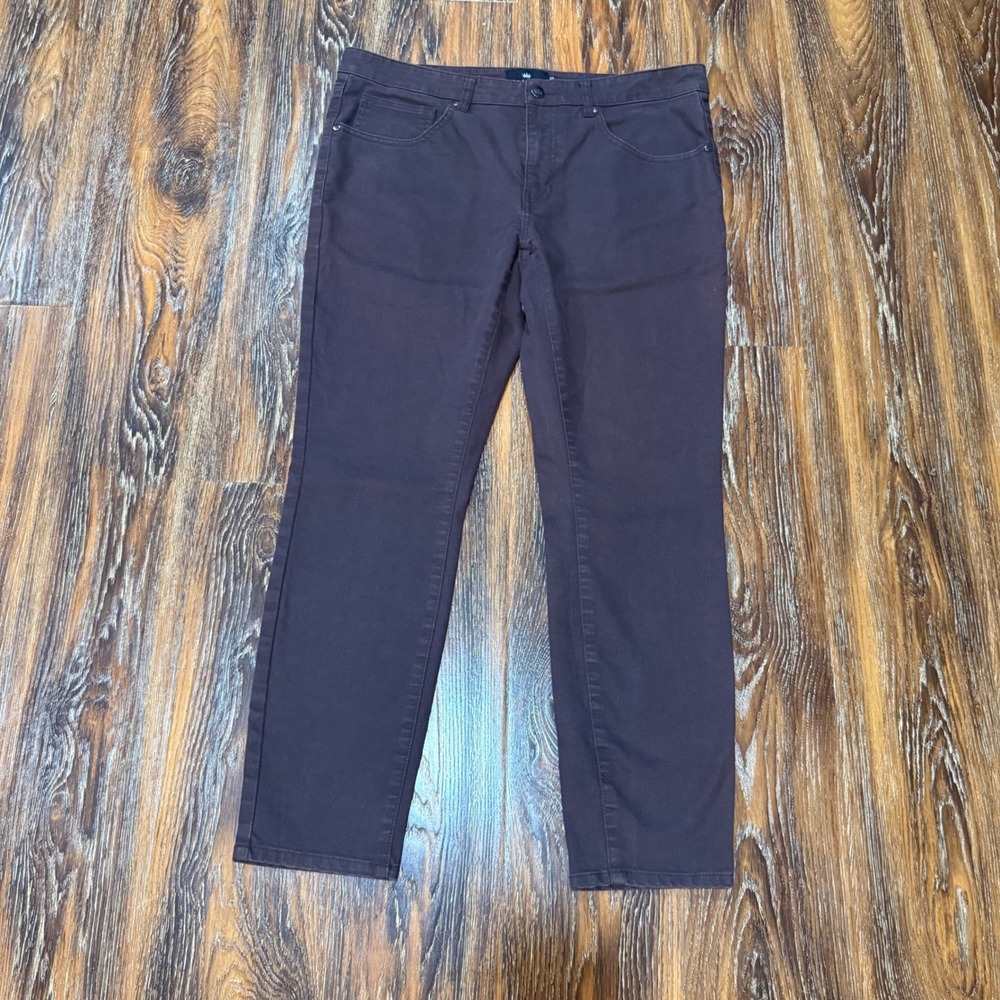 Under 5'10 Slim Fit Chinos Mens 34x28 Burgundy Plum Stretch 5-Pocket Pants